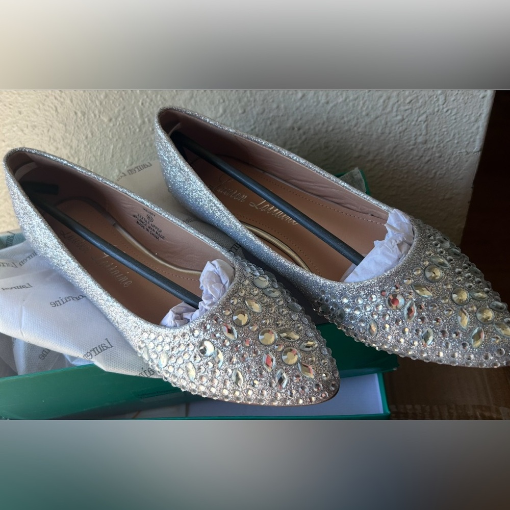 Lauren Lorraine Glittering Silver Flats with Rhinestones